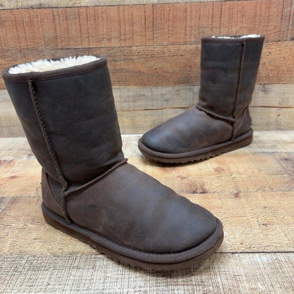 UGG 1005093 Boots Womens Size 6 37 Brown Leather Shearling Mid Calf Winter